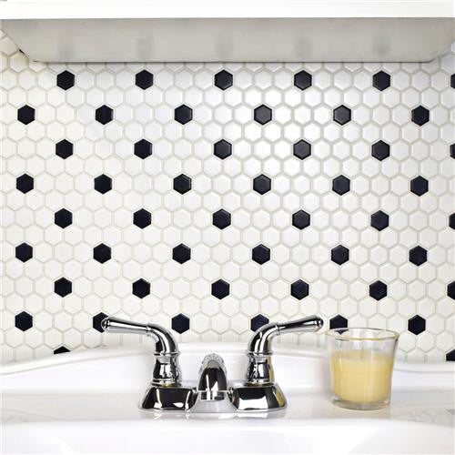Mavis White and Black Dot Porcelain Hexagon Mosaic